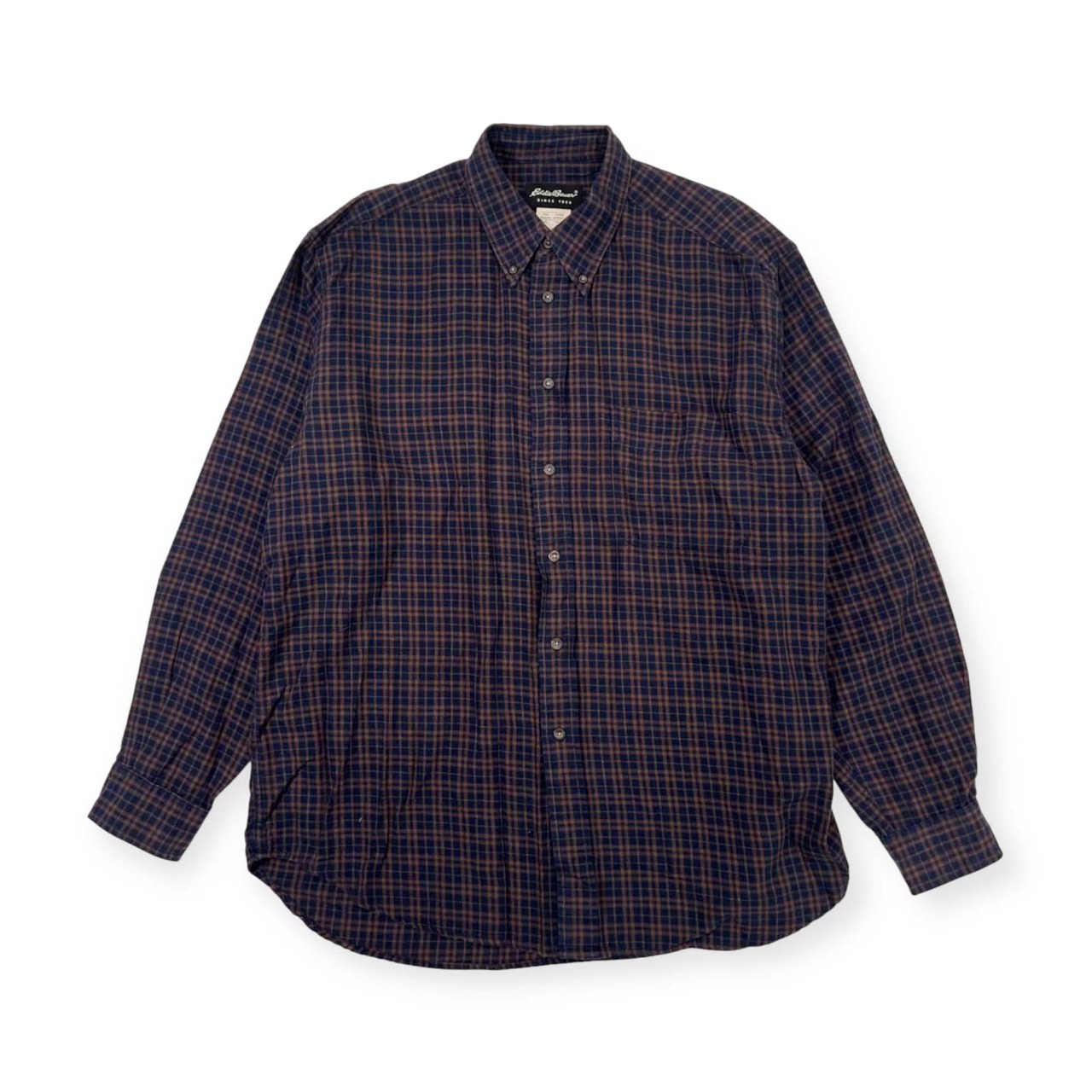 90s Eddie Bauer エディーバウアー チェック BD ボタンダウン 長袖 ネルシャツ L/ネイビー×ブラウン メンズ アウドア ビンテージ
