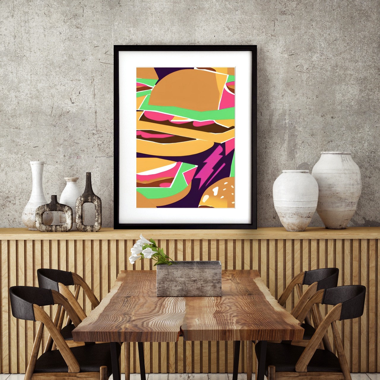 Hamburger Abstract｜ハンバーガーをモチーフにしたモダンポップアートポスター｜ユーモアとデザイン性で空間を楽しく彩るインテリアA4ポスター