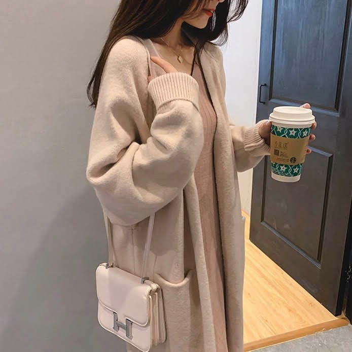 コーディガン ロングカーディガン ポケット付き ノーボタン ニット 全3