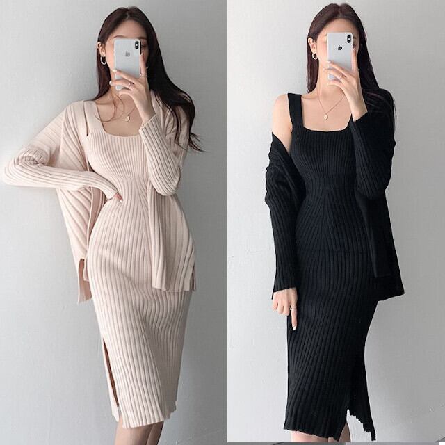 全2色 2点セット ツーピース リブニット ワンピース カーディガン 膝丈 スリット ベージュ/ブラック