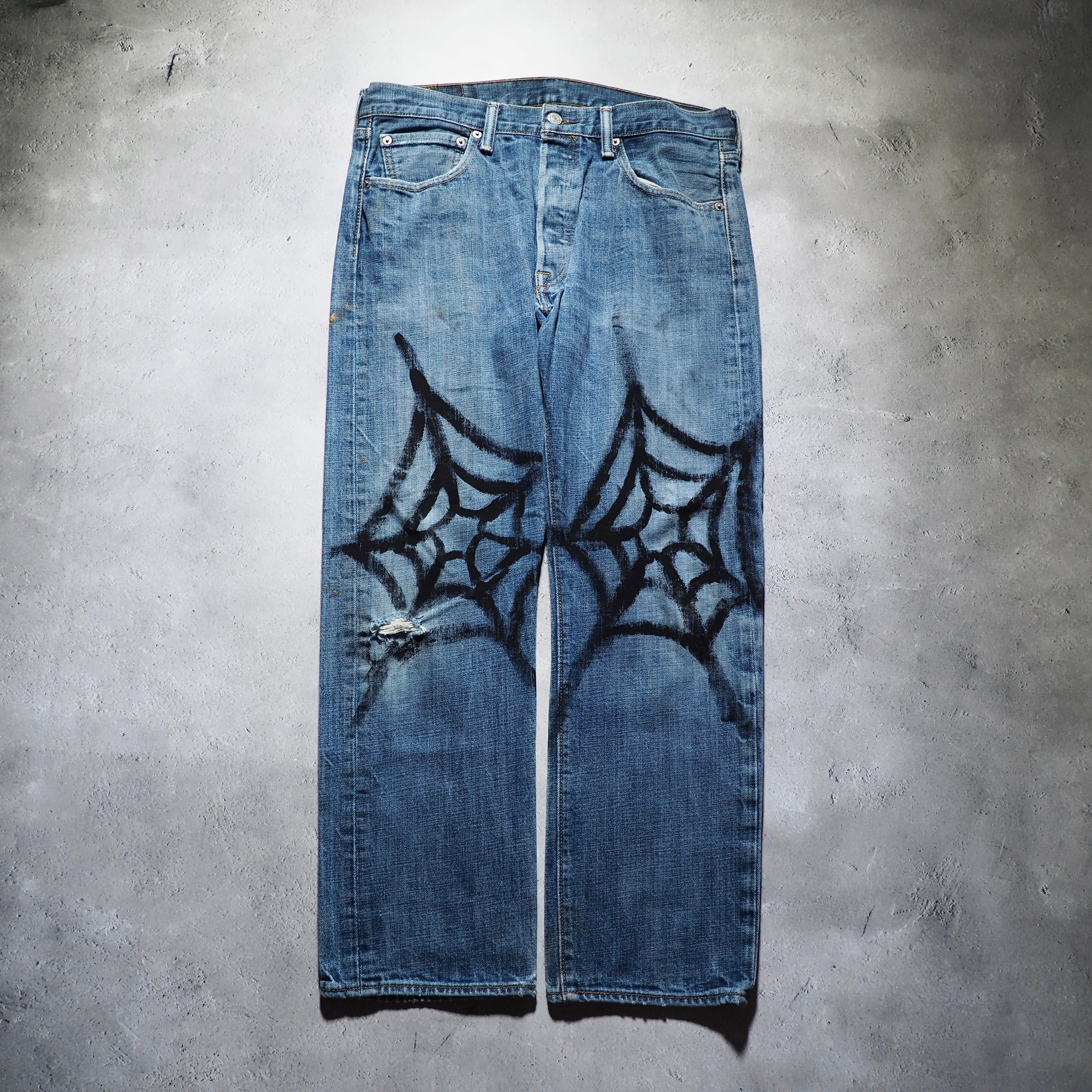 ” Levis 501 ” Spiderweb painted custom Indigo Denim pants