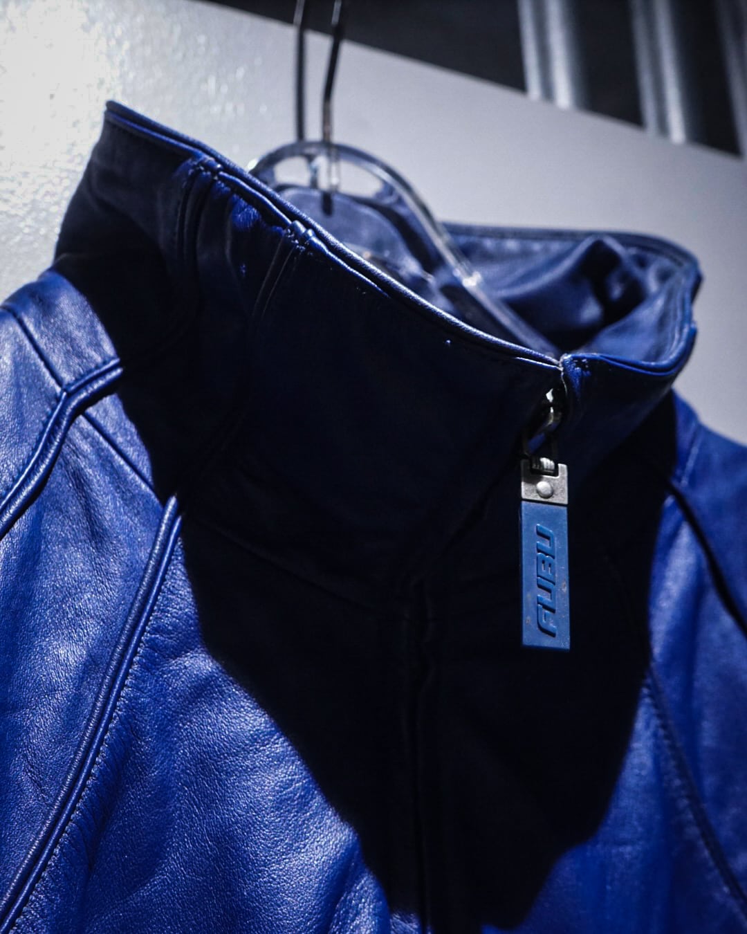 add (C) vintage】“FUBU” Vivid Blue Loose Leather Jacket | Caka