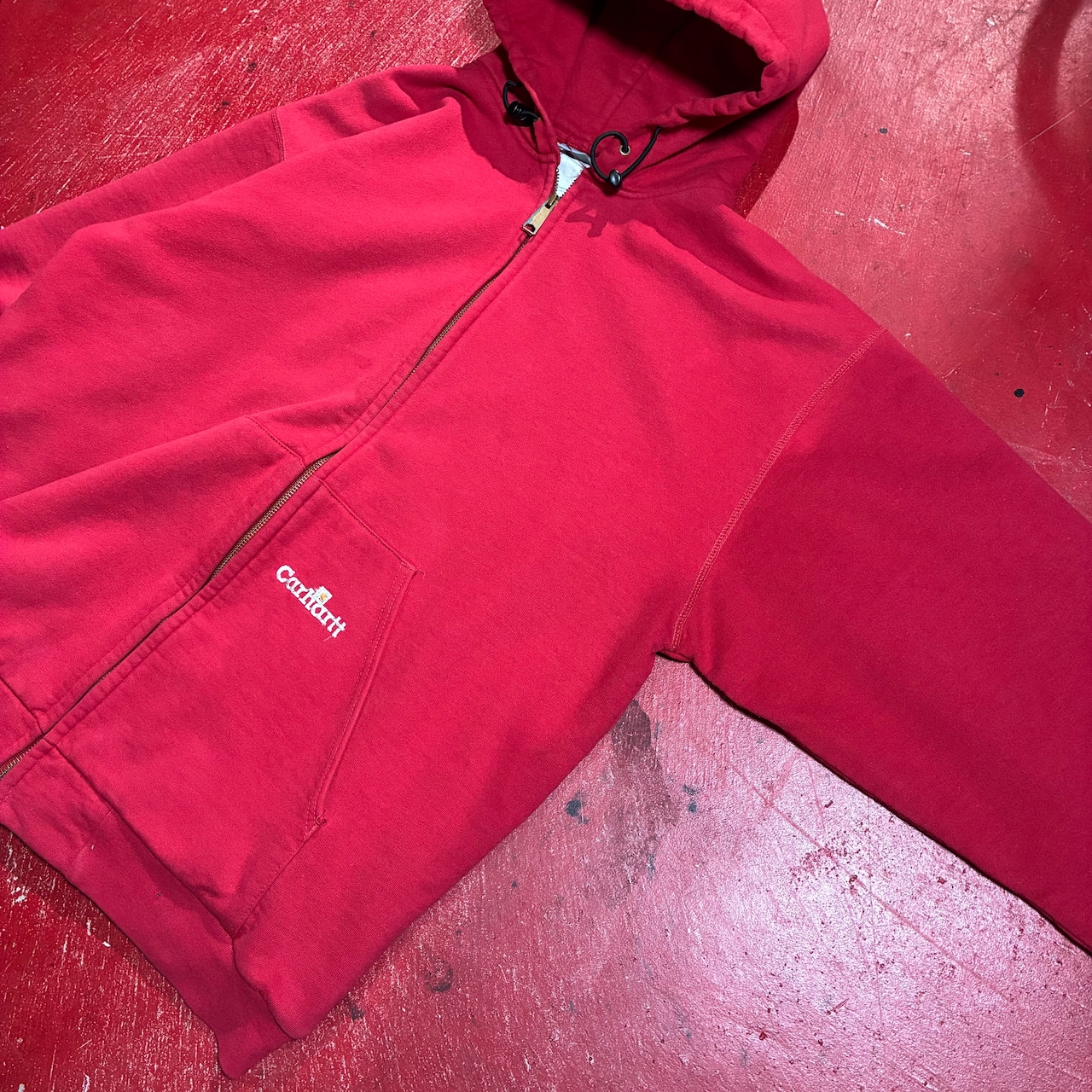 90s Carhartt ジップパーカー 裏地サーマル フェードレッド カーハート