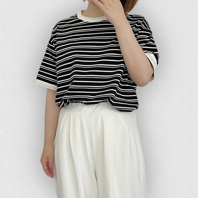 【ユニセックス】綿100％ オーバーサイズ ボーダーTシャツ｜ブラック×ホワイト｜画像2