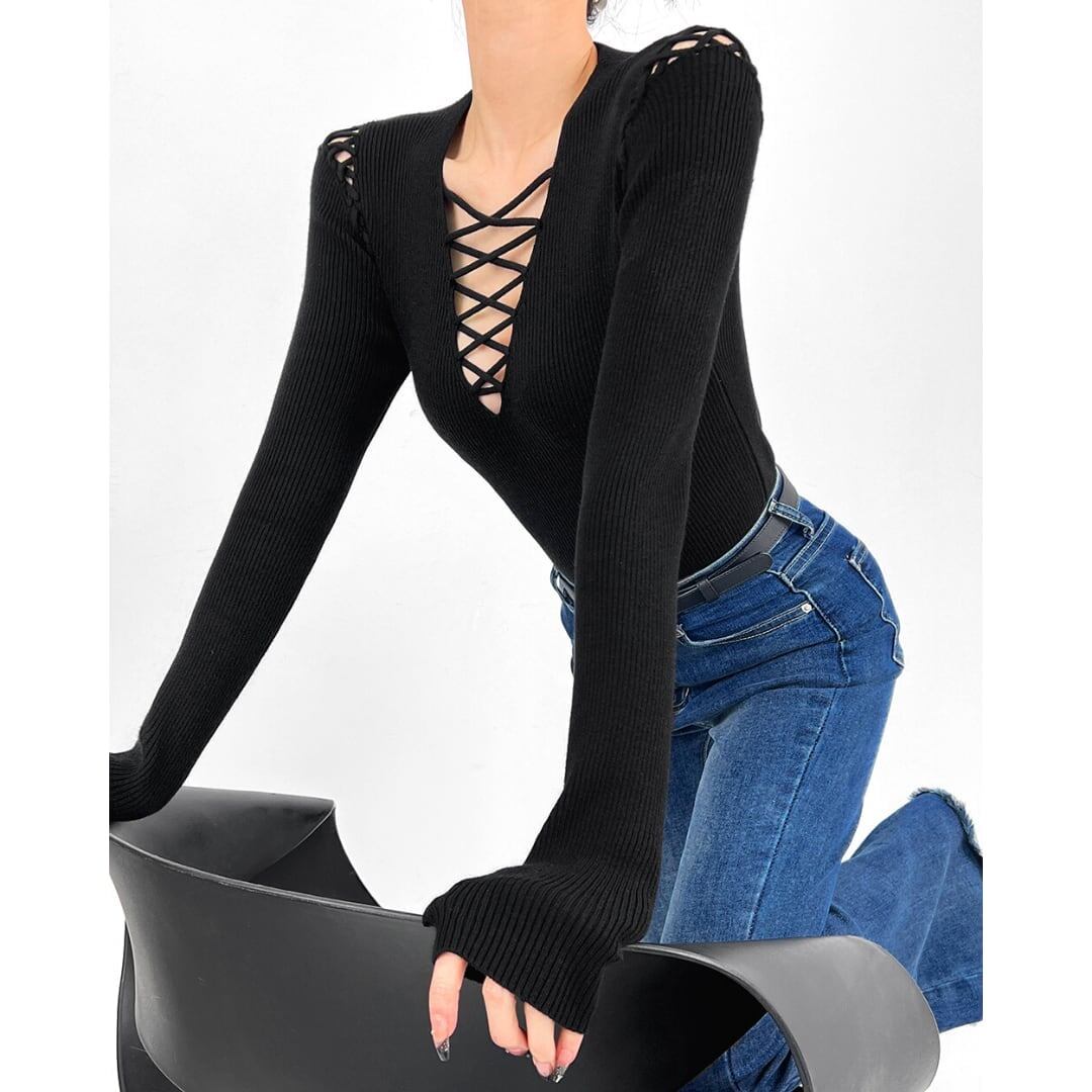 レースアップ リブニット_T22