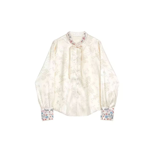 Chinese Style Stand Collar Embroidered Flower Shirt