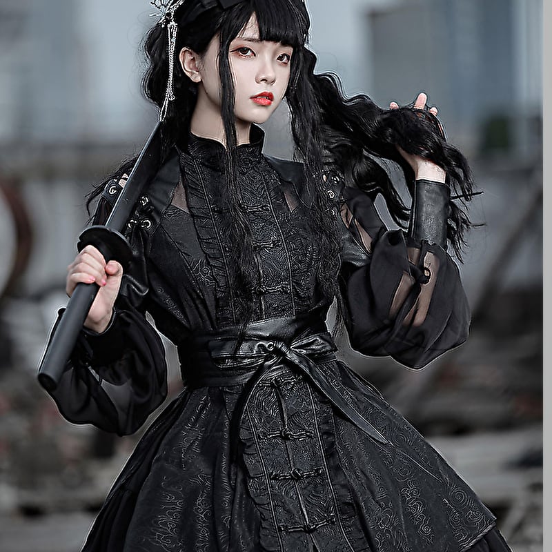 With U 病み可愛い ゴシック ドレス チャイニーズ風 ミニスカ Darkness ハイウエスト レース 地雷系 V系 原宿女子 オルチャン ゴスロリ服 病み服 ゴスロリファッション With U