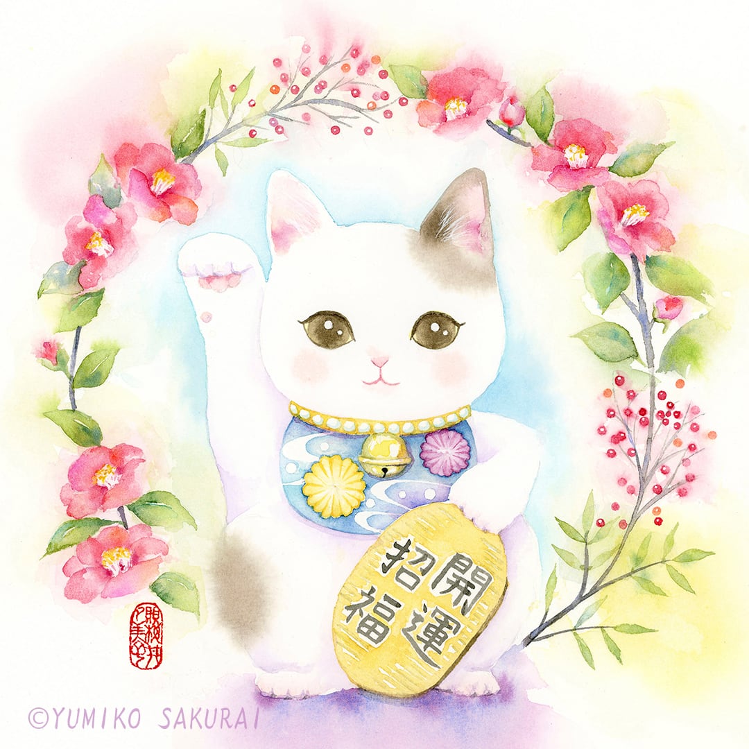 花招き猫 絵画 イラスト ドローイング 【公式通販】