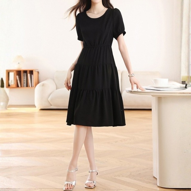 Elegant ｗaist fit chiffon middle dress