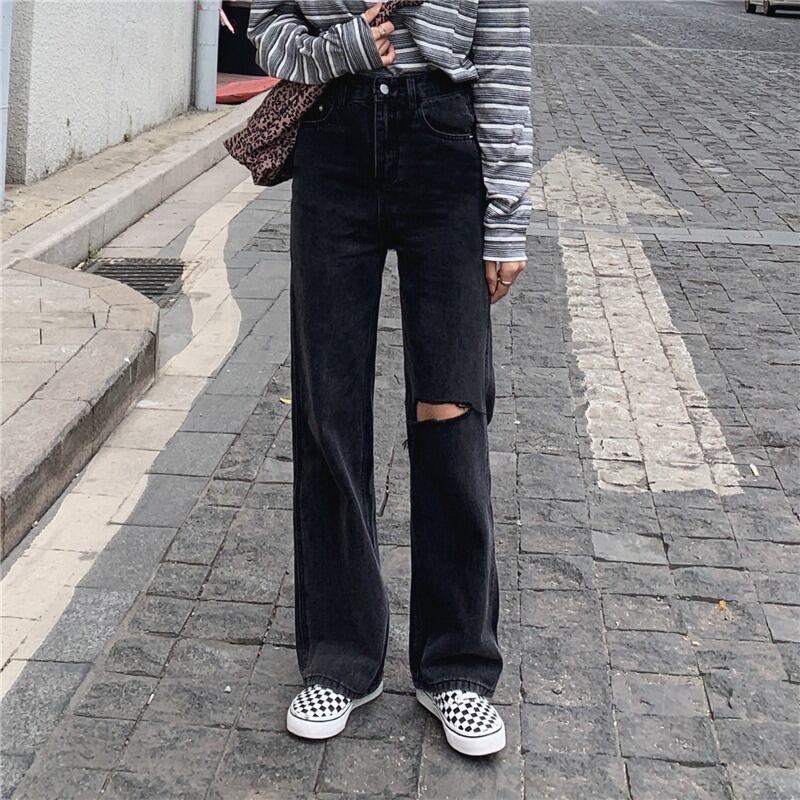 ブラックジーンズ ルーズオータム薄手ハイウェストウェストワイドレッグパンツ 秋物 ワイドパンツ 萌量不足83683199293