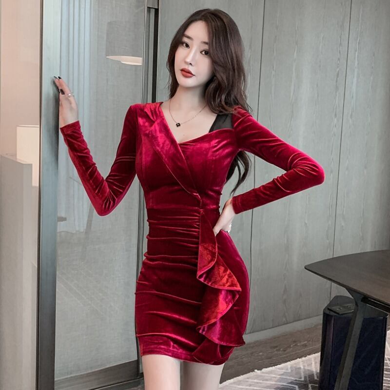 オータムウィンタードレス ベルベット薄手スカート 秋物 冬物 ハンチェンe24314209311