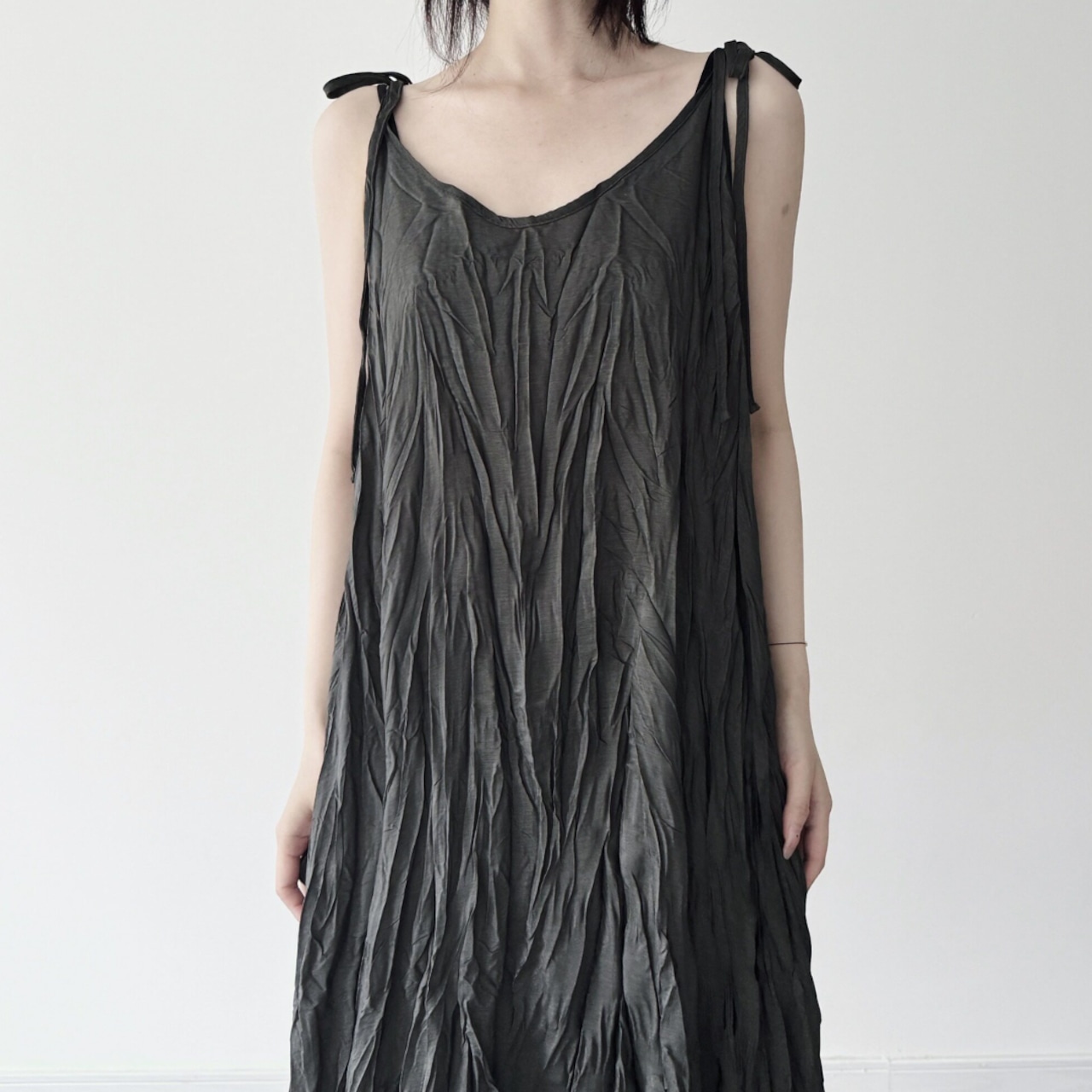 Pleated Irregular V-Neck Spaghetti Strap Dress (ME377)