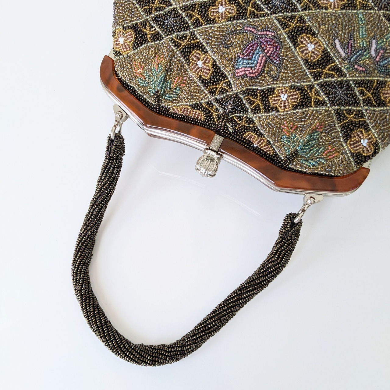 Vintage】ビーズ刺繍バッグ Beaded Bag 茶系 べっ甲風がま口 花菱文様 