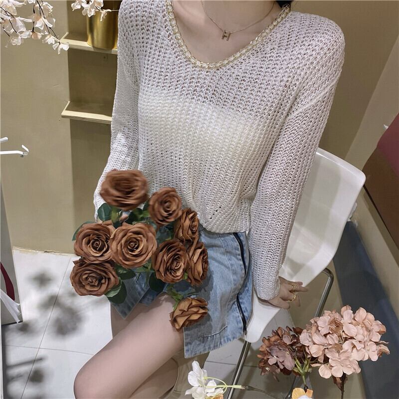 チェーン Vネックニットセーター レディースオータムルーズホワイトトップス ロング 秋物 ガールズファッション96111556773
