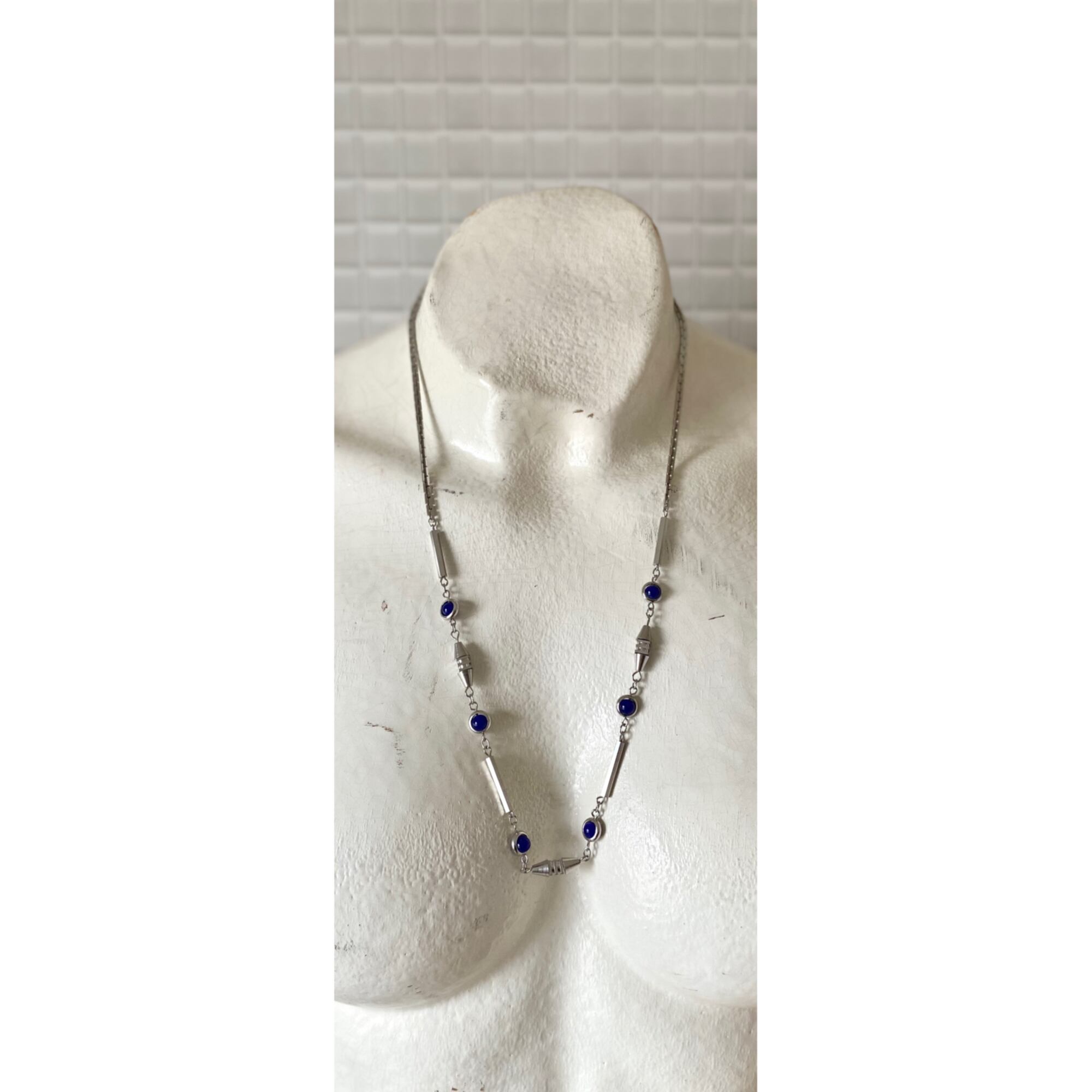 Vintage blue stone silver design chain long necklace レトロ ヴィンテージ ブルーストーン