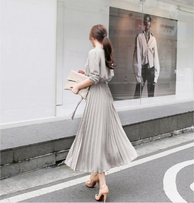 プリーツワンピース 長袖 プリーツ ワンピ ふんわり 上品 大人 お呼ばれ 通勤 オフィス 可愛い シンプル Ma005 La Vie En Rose