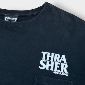 【THRASHER】バックプリント ワンポイント ロゴ ポケットTシャツ ポケt プリント L クルーネック スラッシャー スケボー 半袖 US古着