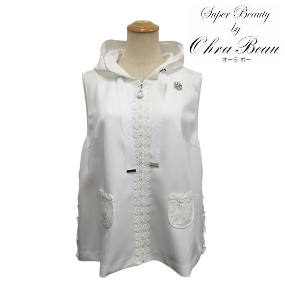 スーパービューティー ベスト パーカー ダンボールニット レース 2517002 ホワイト 2025年春夏 オーラボー Super Beauty 大人かわいい服 大人スタイル キレイメ レディース アパレル 女性 M L LL 30代 40代 50代 60代