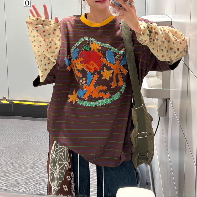 ボーダー柄 ラウンドネック 長袖 ドロップショルダー Tシャツ ◆2col L00140