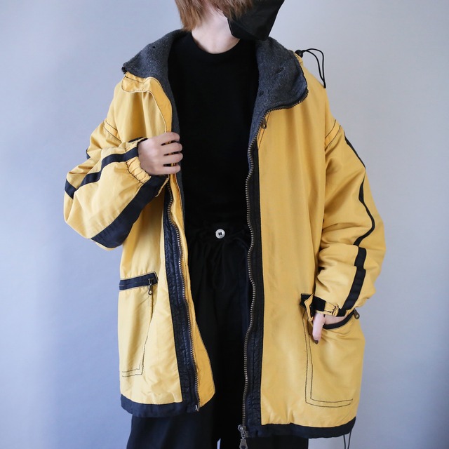 "black×yellow" tech design loose silhouette zip-up jacket with hood