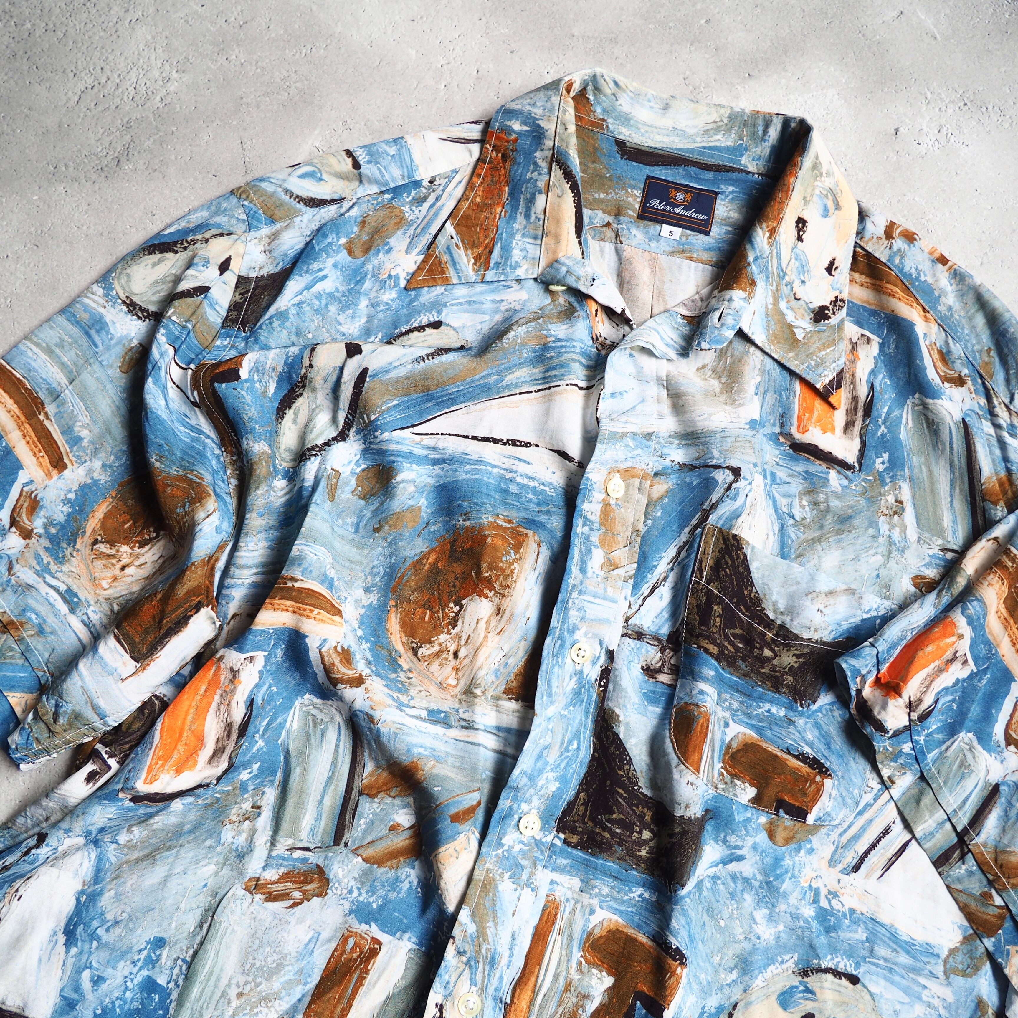 1970 - 80s Beautiful oil painted art vintage Drape loose SS rayon shirt