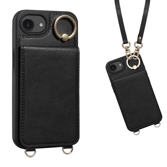 Shlybaay iPhone 17e/16e 用 背面 手帳型ケース ショルダーストラップ カード収納 スマホケース ブラック