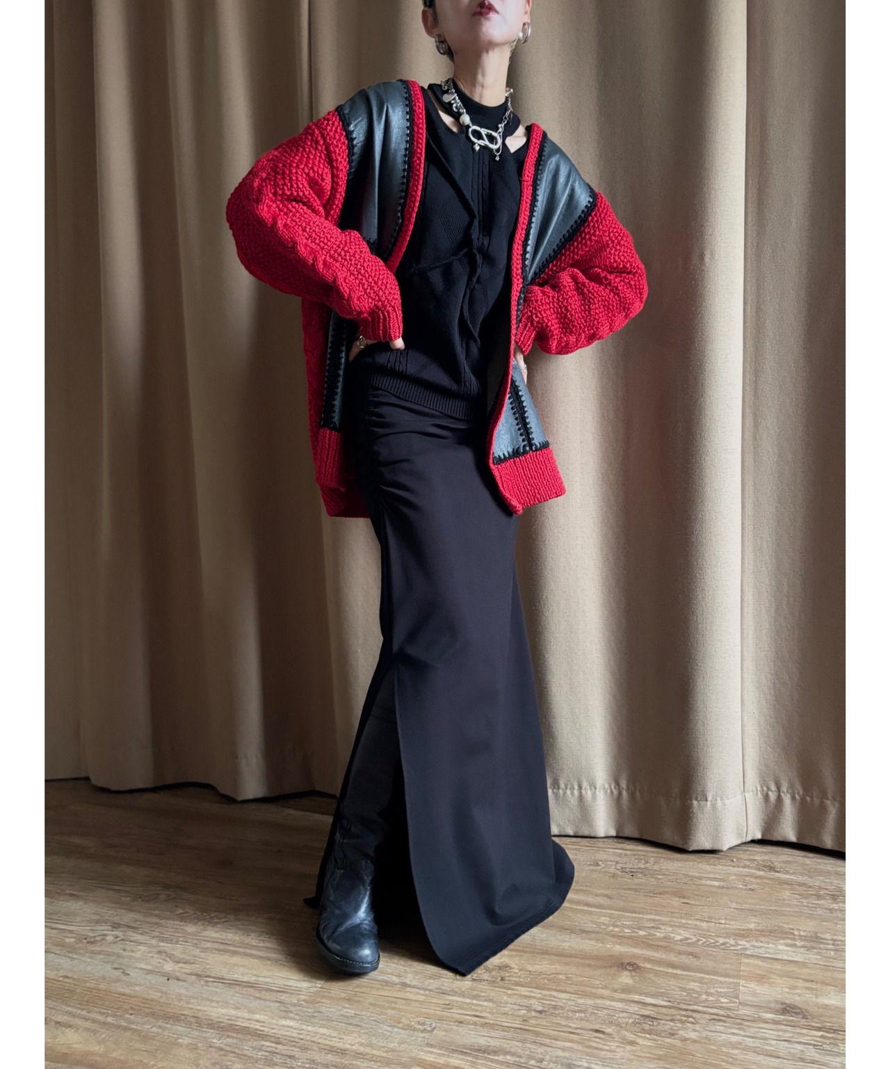 patchwork leather knit cardigan-5043-10