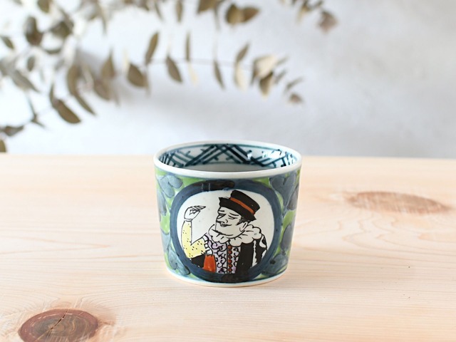 有田焼　円左エ門窯　手描き　南蛮人シリーズ 【緑】 そば猪口　マルチカップ