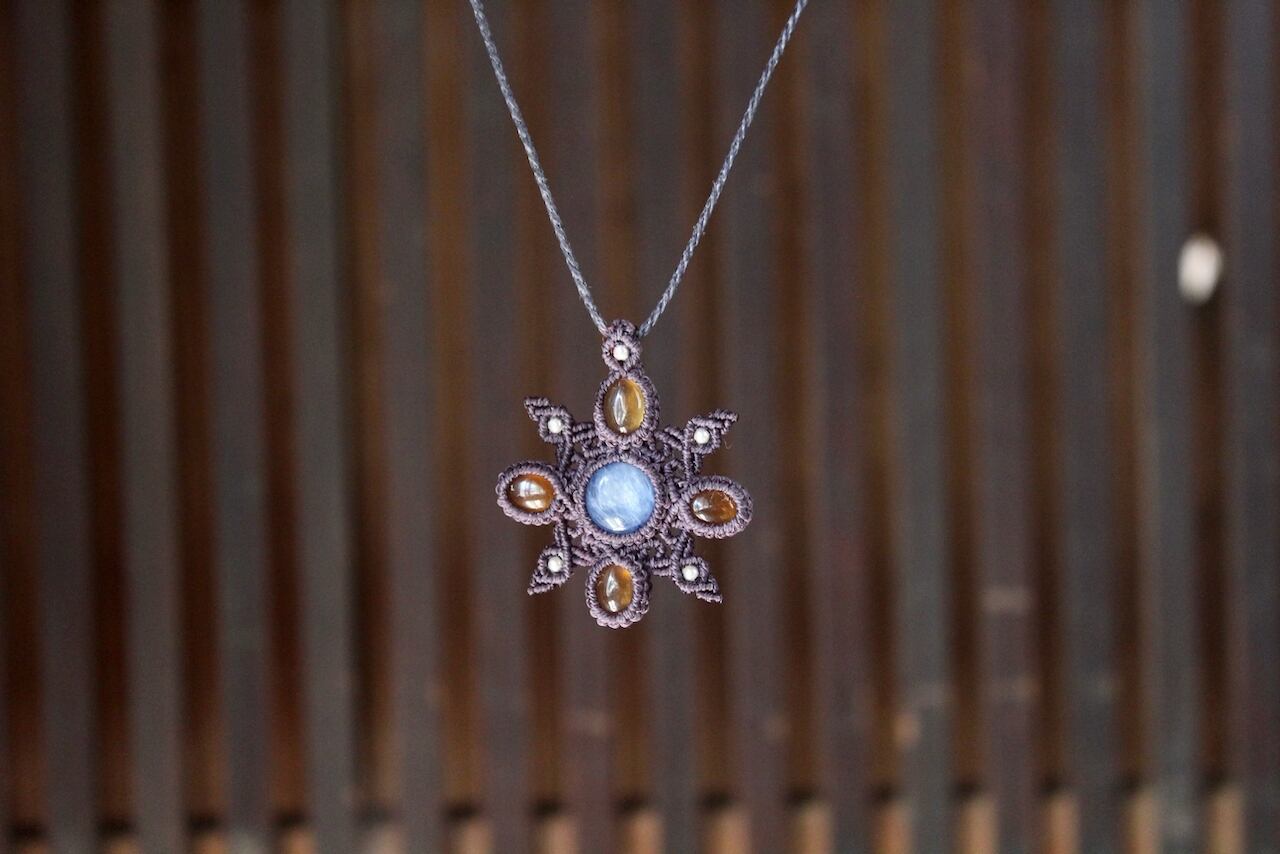 Kyanite & Hessonite Garnet micro macrame mandala pendant