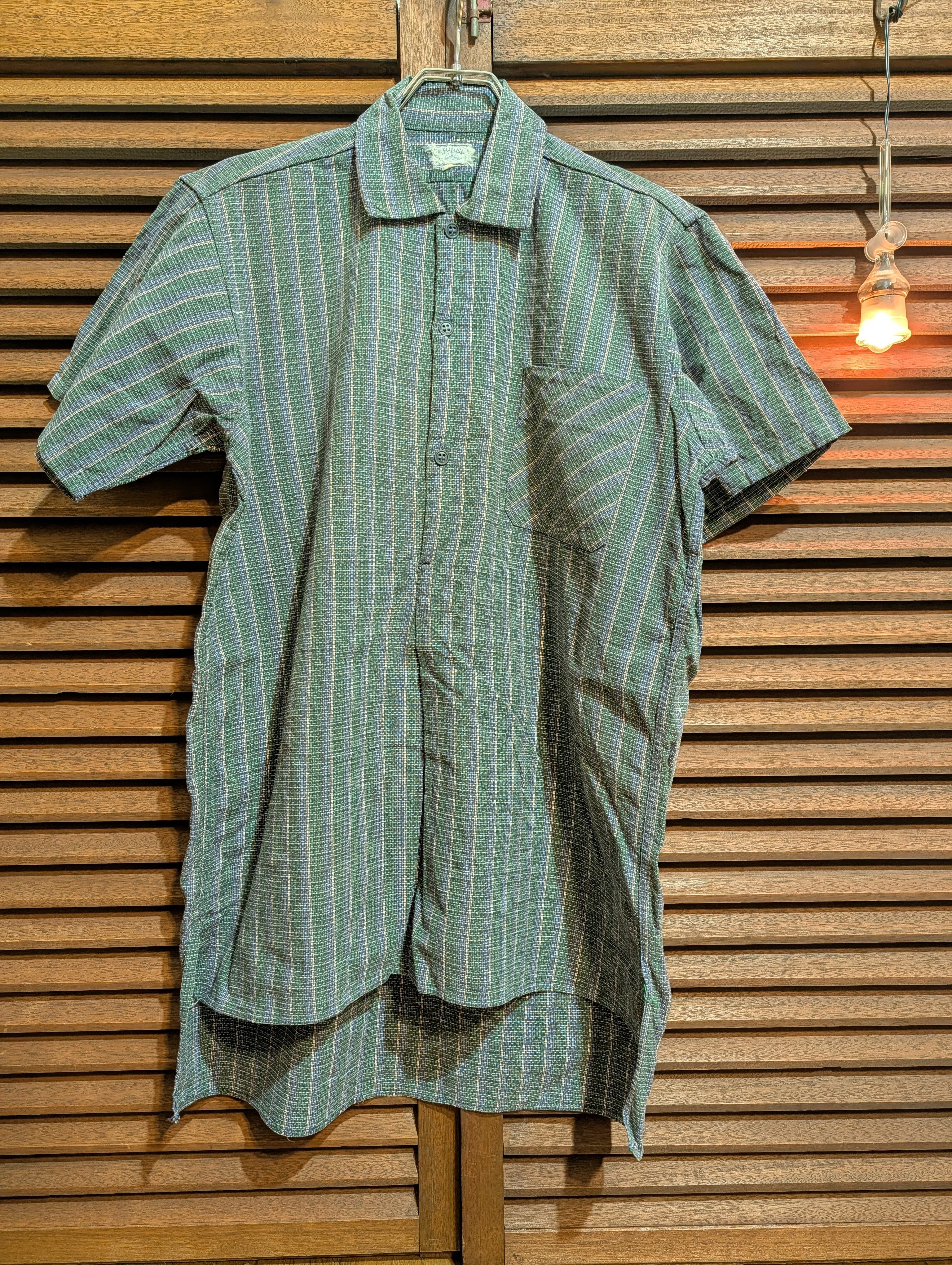60-70s France ARMEN Grandpa Shirt Black Green Stripe Short Sleeves