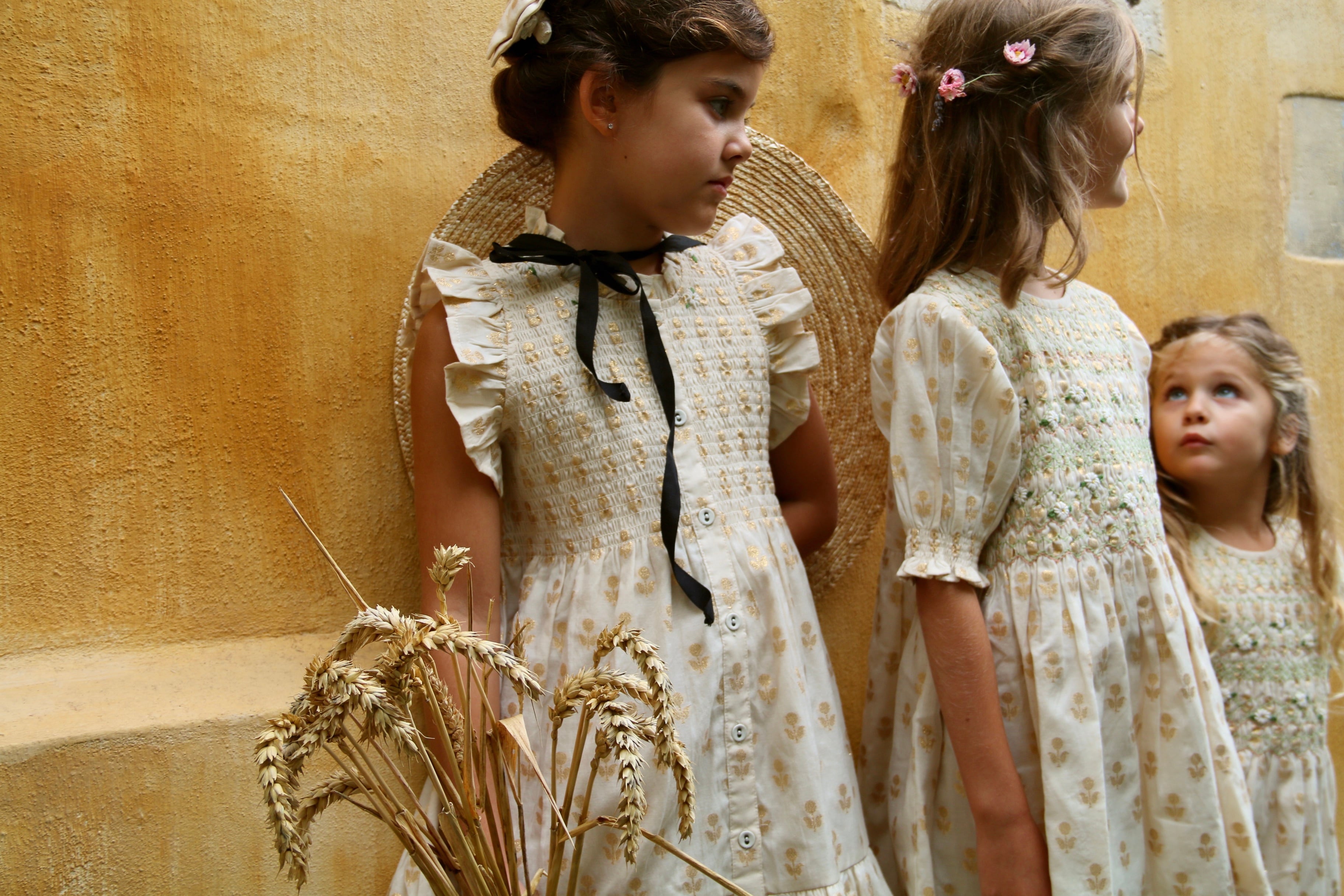 Smocks blouse short sleeves Flowers lurex ecru Chanderi 2y,4y,6y