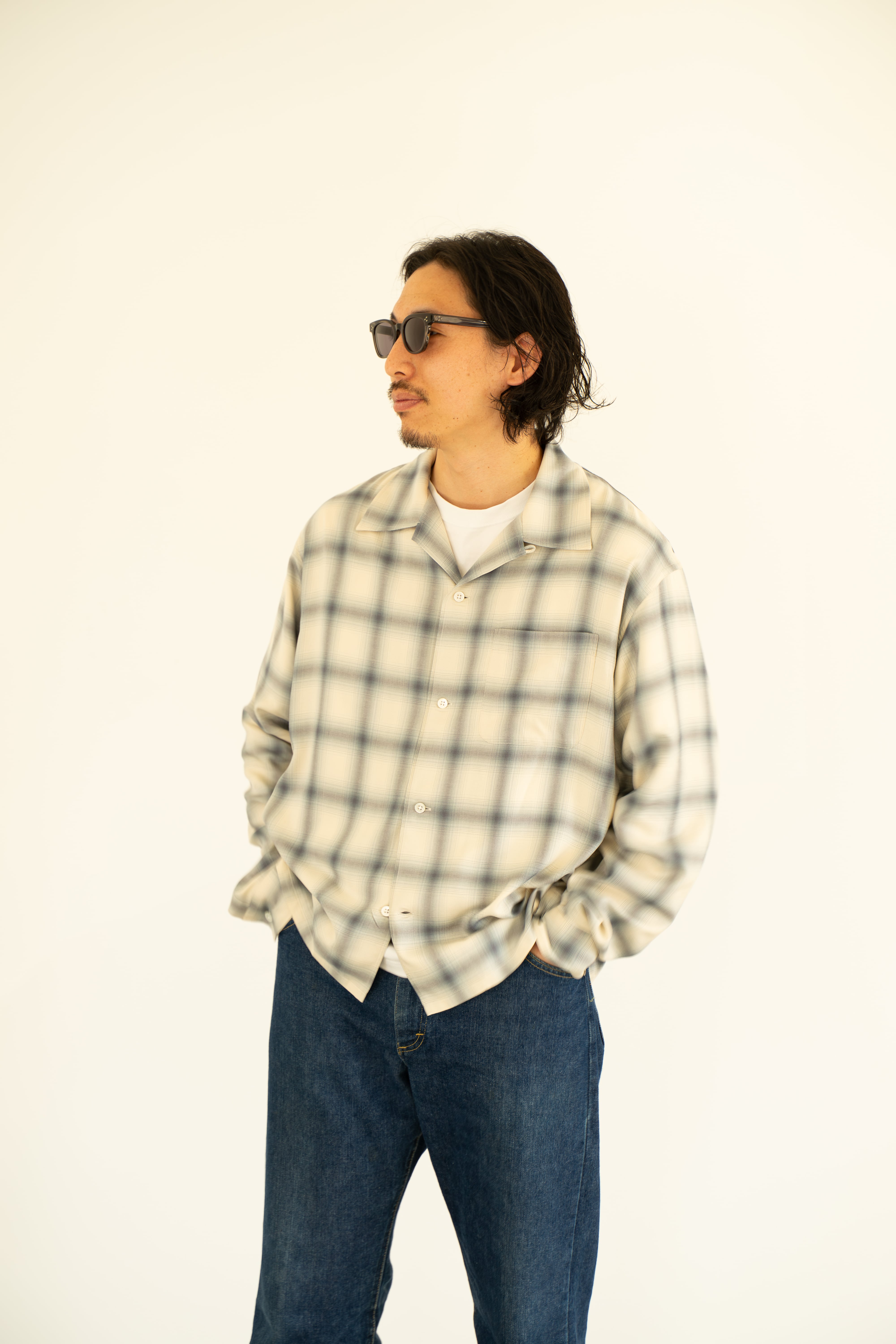 CALM】Rayon Ombre Check Shirt（ivory/gray/blue） | CALM
