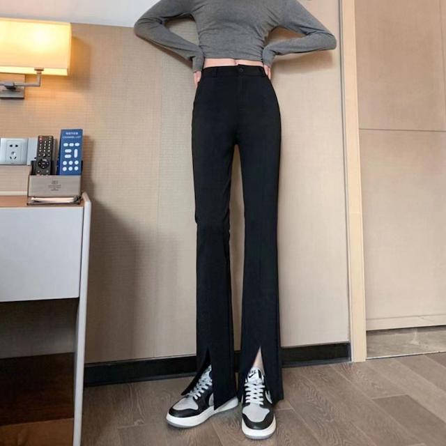 【予約販売】フレアパンツ スリット スリム 細見え ブラック トレンド ベーシック おしゃれ こなれ感 S/M/L/XL/2XL/3XL
