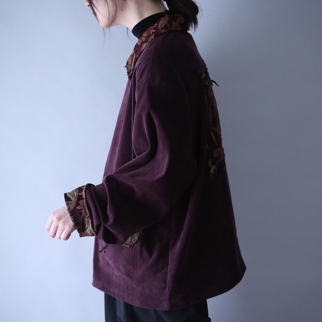 gobelins fabric switching and patchwork full-zip fake suede jacket