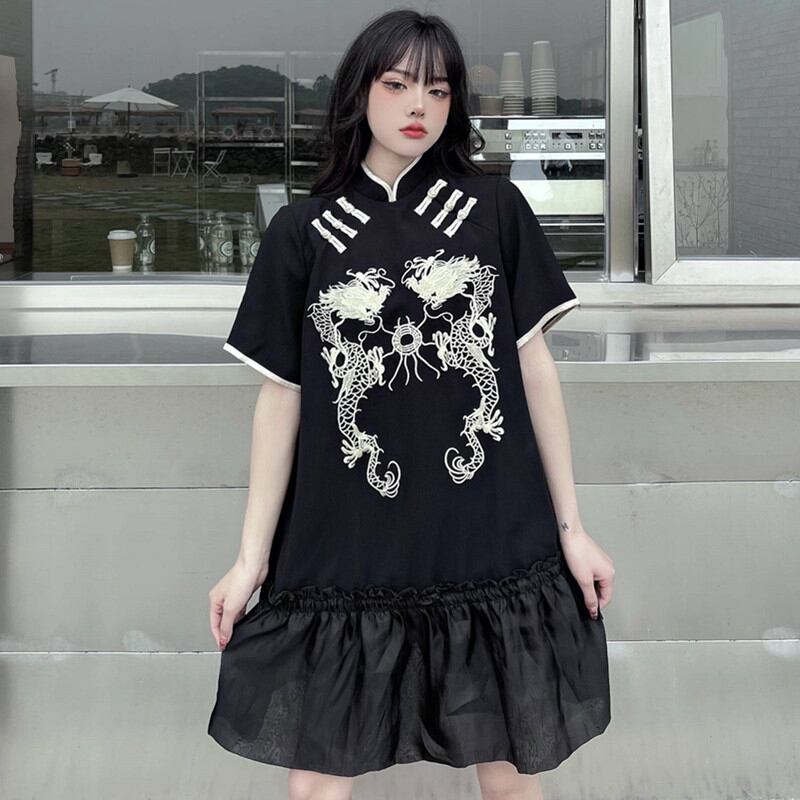 都谷シリーズ チャイナ風ワンピース 龍 原宿風 激安 Aライン ブラック 黒い 中華服 ゆったり 可愛い Elegant