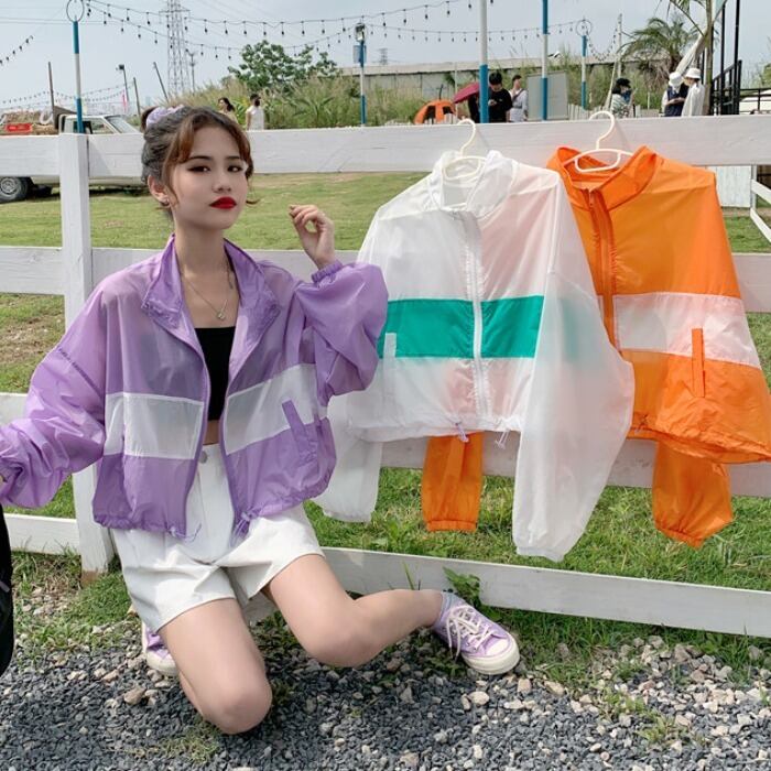 2020年夏新作レディースバージョンルーズコントラストカラージッパー日焼け止めカーディガンショートシンコートロングスリーブトップ 1号婦人74780404901