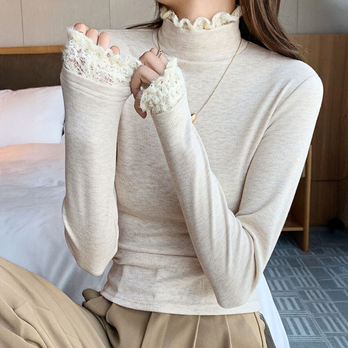 ハイネック リブニット 長袖 レースフリル レディース 春秋冬 韓国 きれいめ シンプル 大人 かわいい フェミニン おしゃれ 伸縮性 ニット トップス 大人可愛い 大人女子