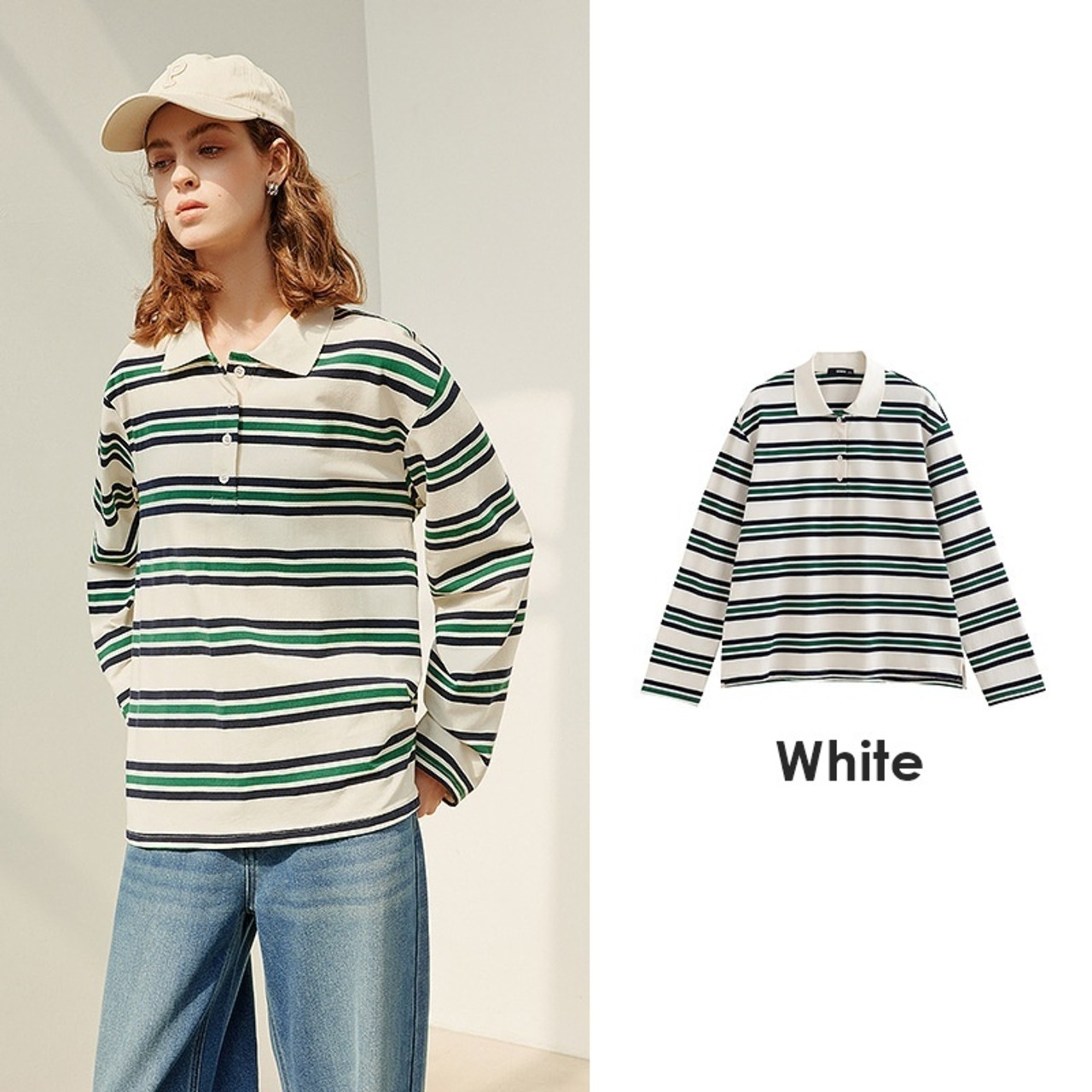 Striped Long Sleeve Polo Shirt / ストライプ 長袖 ポロシャツ