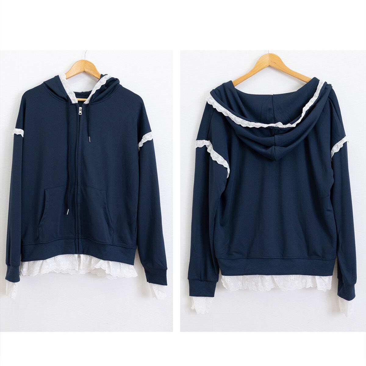 スウェット パーカー ジップアップ レディース 春秋冬 韓国 ストリート アメカジ おしゃれ 大人 カジュアル レース切り替え 羽織り トップス 裾レース ゆったり 大人可愛い 大人女子