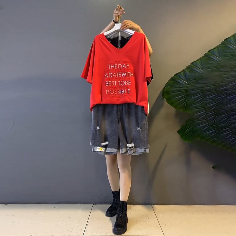 Tシャツ トップス サマーカジュアルルーズショーツ 大きめサイズ 夏物 ブルマー ミックスインファッション20522491346