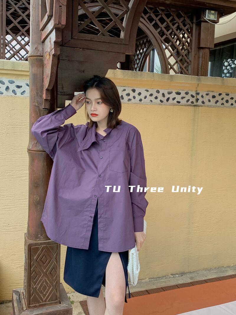 カラールーズソリッド シャツ スプリングトップス レディース ロング 春物 ソリッドカラー ビッグFスモールZ韓国90674045529