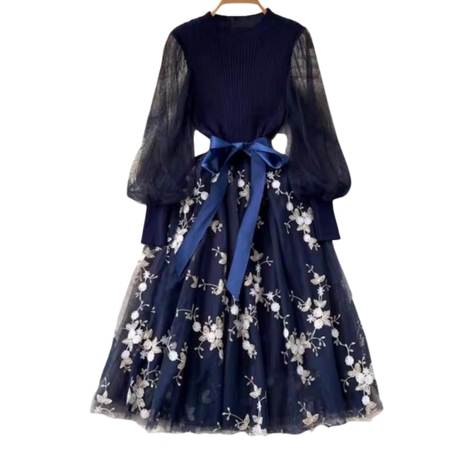 フラワー刺繍レースバルーンスリーブワンピース 5color L2110