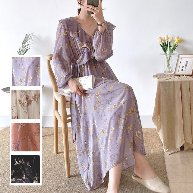 ワンピース レディース カジュアルワンピース シアー シースルー シフォン風 カシュクール ドレープ ケープカラー風 花柄 フラワー シアー くすみカラー 渋色 ロング 長袖 パフスリーブ Vネック Aライン フレア パープル/アプリコット/ピンク/ブラック S/M/L/XL