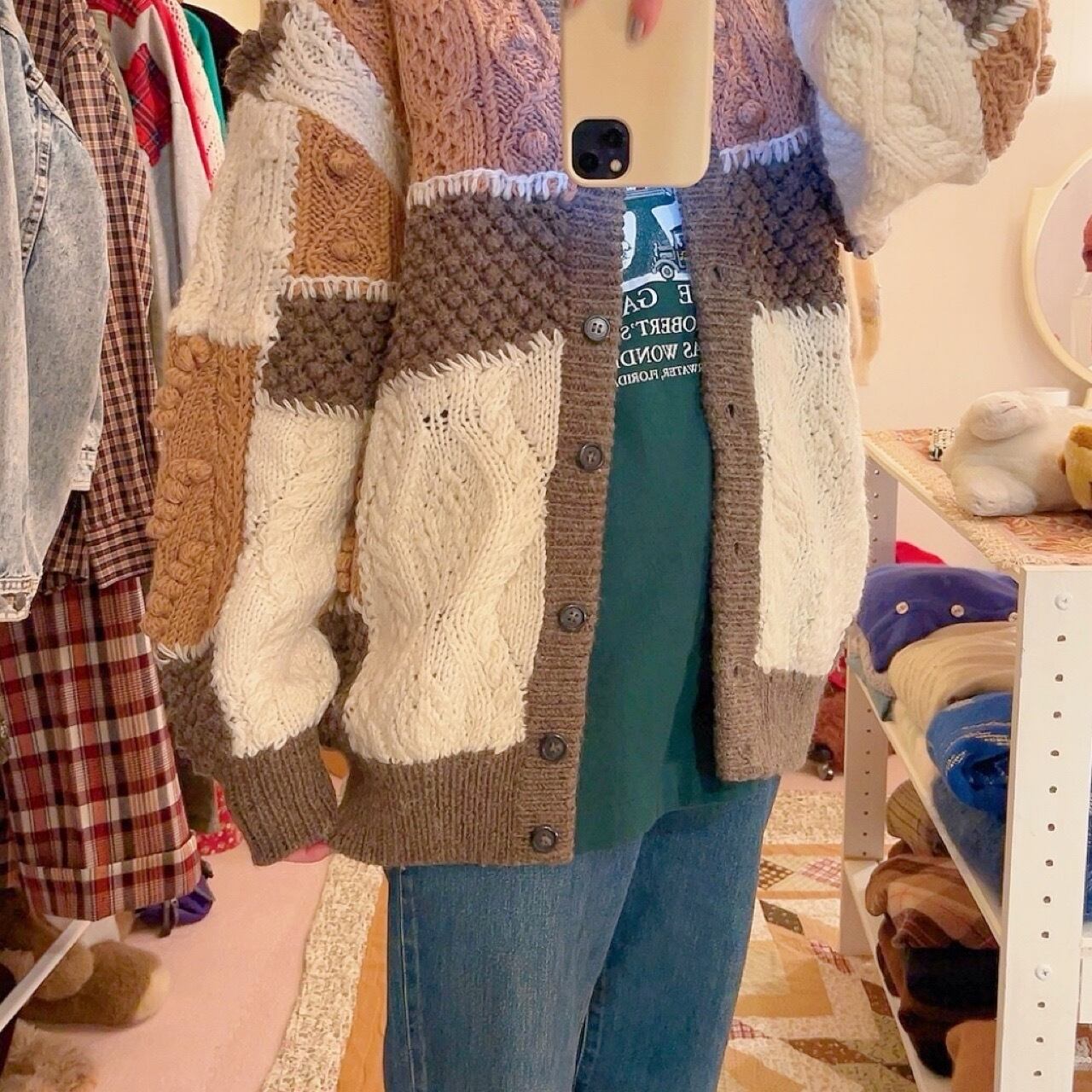 patchwork ponpon knit cardigan