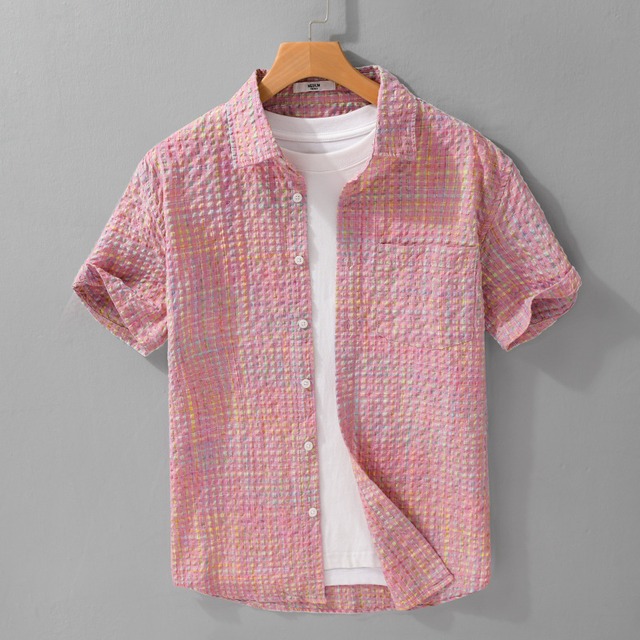【M-3XL】Mixed Color Textured Short Sleeve Shirt / ミックスカラー テクスチャー 半袖 シャツ