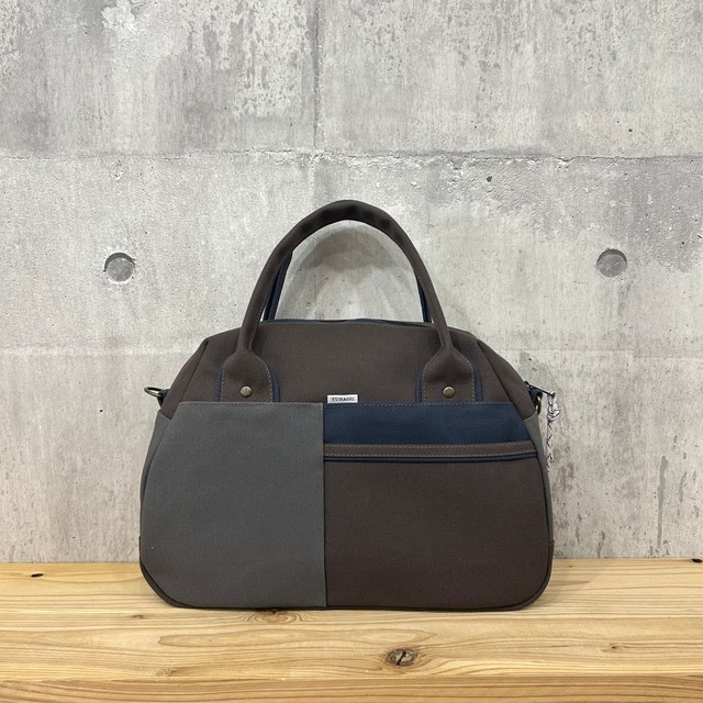 -＊ Boston Bag ＊- ブロック切替デザイン【濃茶×アスファルトグレー×ディープオーシャン】