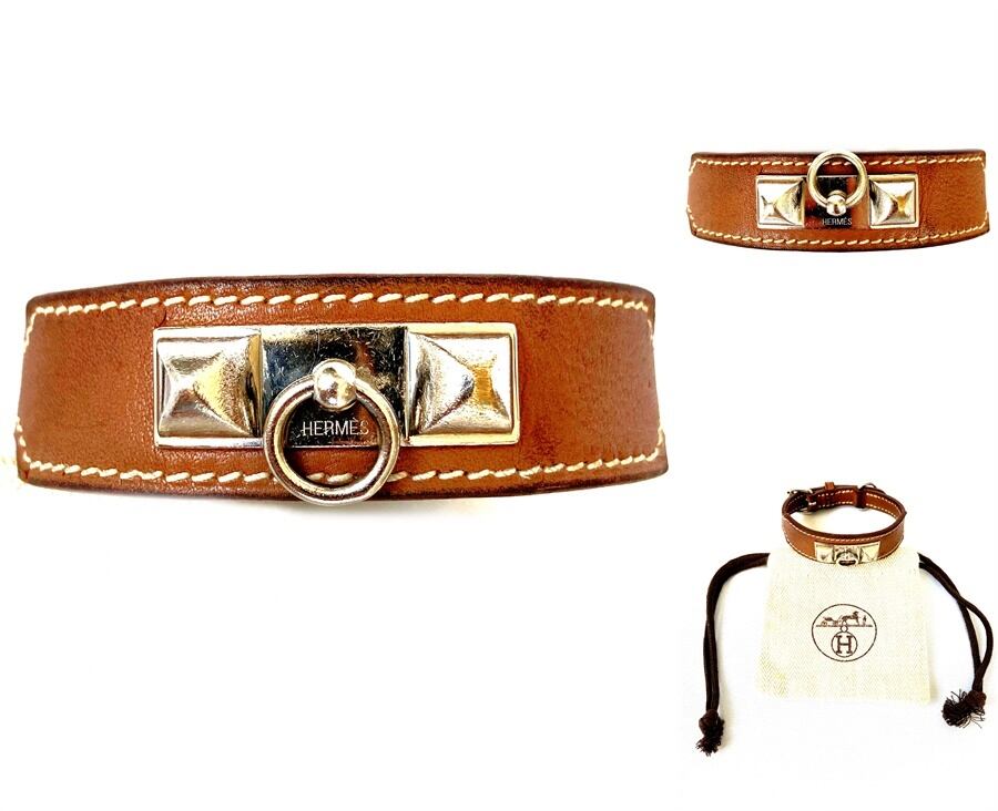 HERMES エルメス コリエドシアン レザー ブレスレット バングル スタッズ M ナチュラルブラウン メンズ