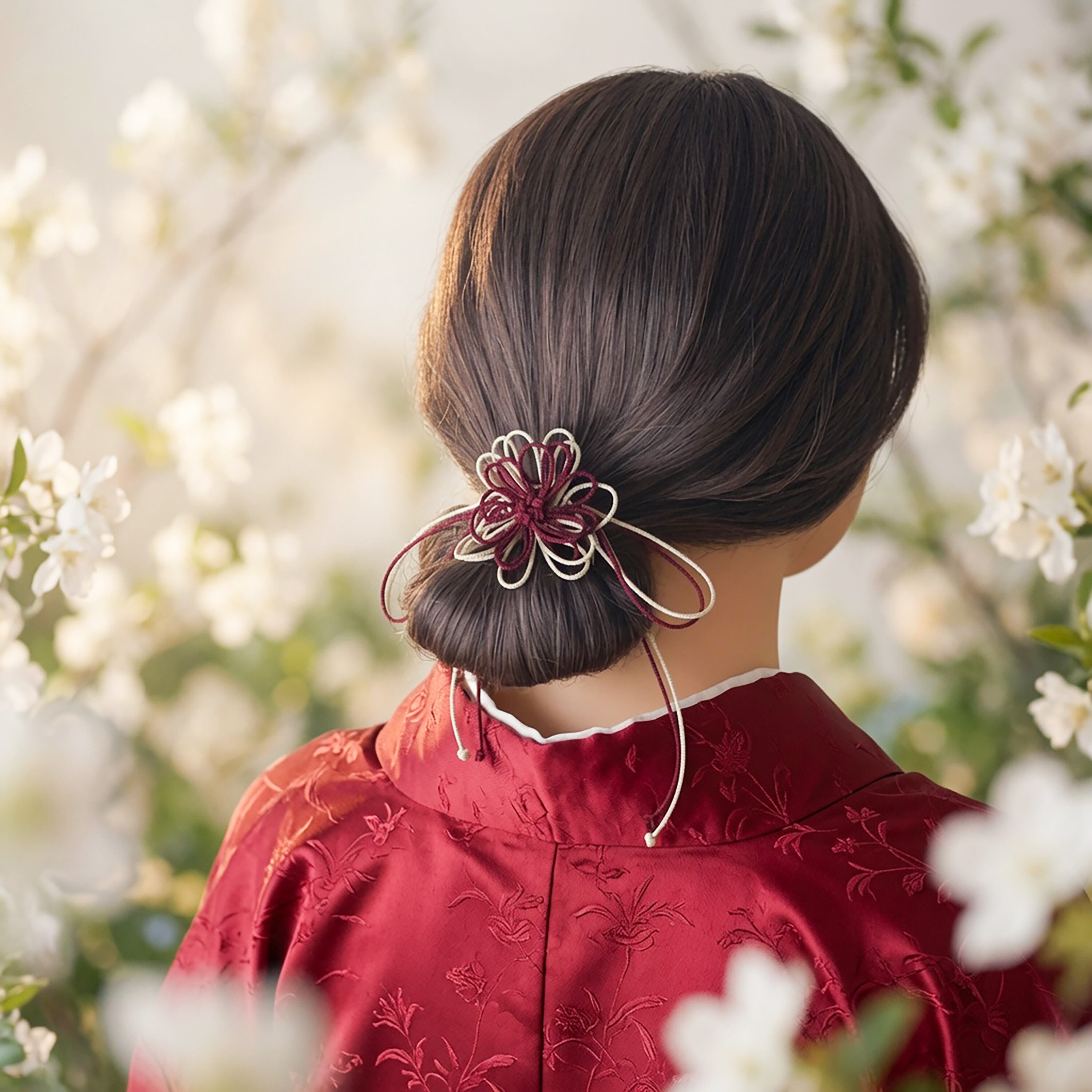 飾り結びヘアゴム「ほろかたり、君」(臙脂×アイボリー)|着物・浴衣に簡単アレンジで和装ヘア