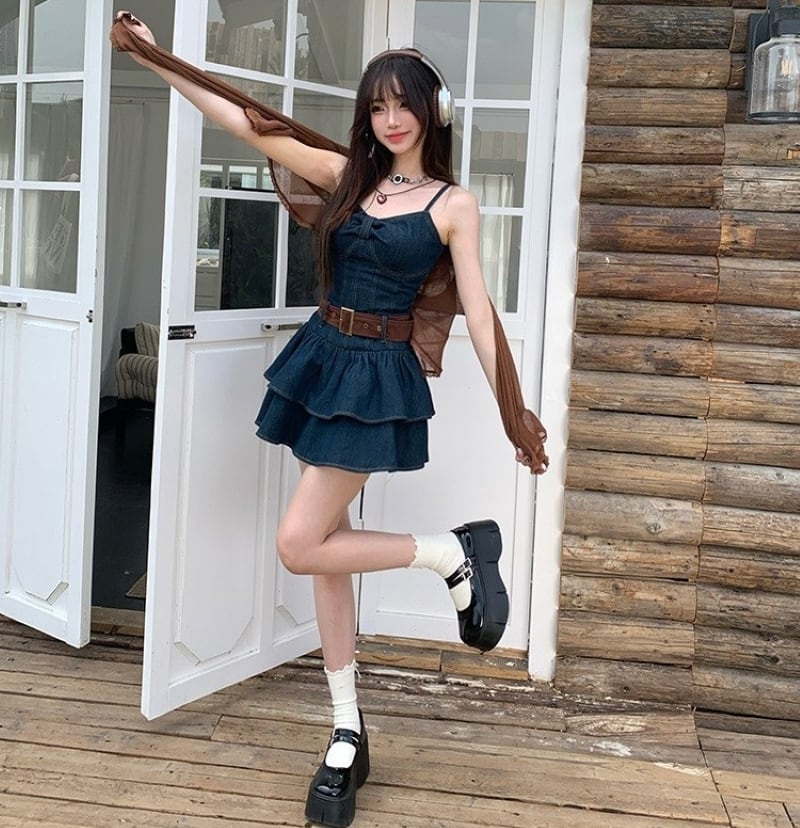 デニムワンピース レディース ティアードスカート ミニ丈 ノースリーブ