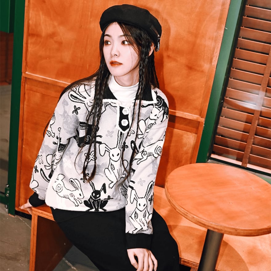 サブカル 服 地雷系 通販 チャイナ風服 チャイナ風服 古怪舎 ニット レトロ ウサギ 闇かわいい バンギャ